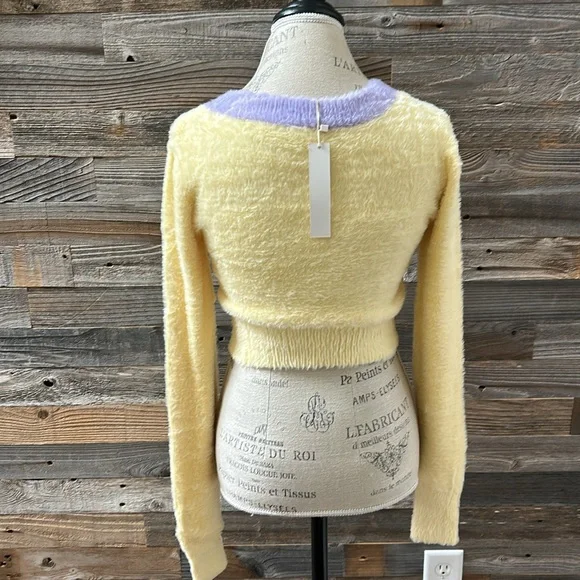NWT For Love & Lemons Sheila Yellow & Purple Fuzzy Cropped Cardigan Size Small - Picture 6 of 10